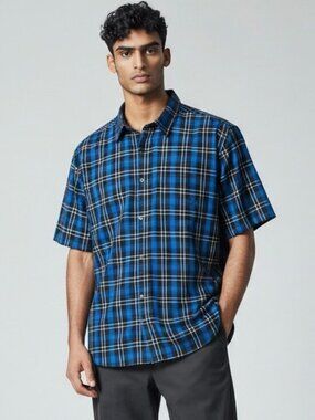 Yago Blue & Black Plaid Men's Shirt Size 3XL Button Up‎ Short Sleeve